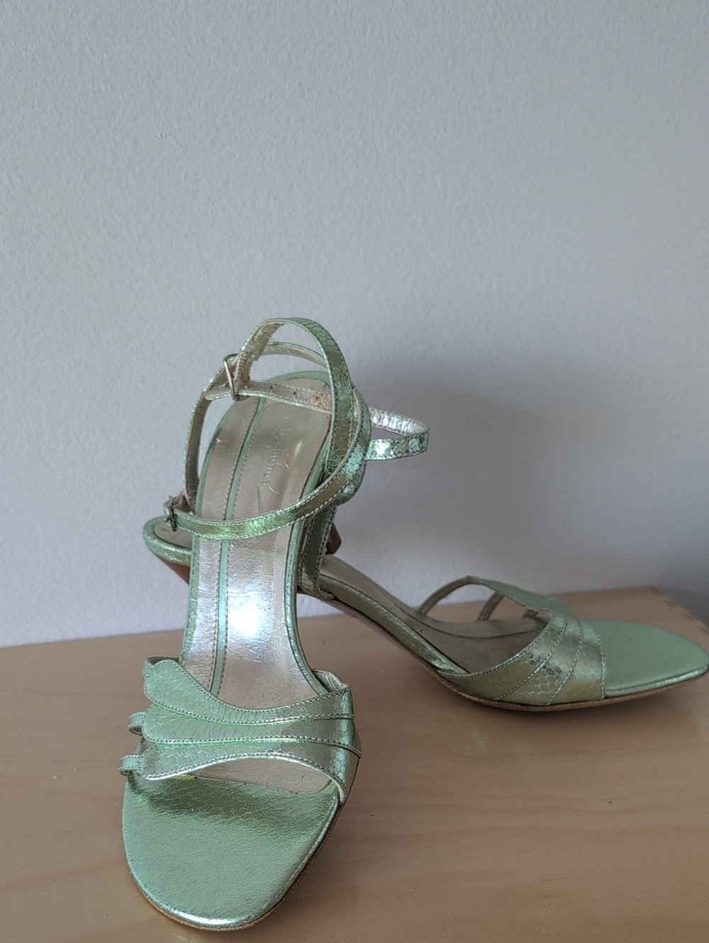 Metallic Light Green Ankle-Strap Heeled Sandals